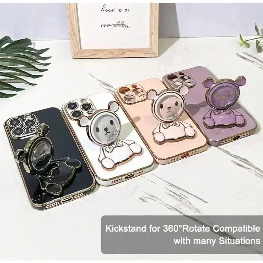 Glitter Bear Kickstand‎ W/Mirror Case For iPhone 15 Pro 6.1” Pink Gold Trim